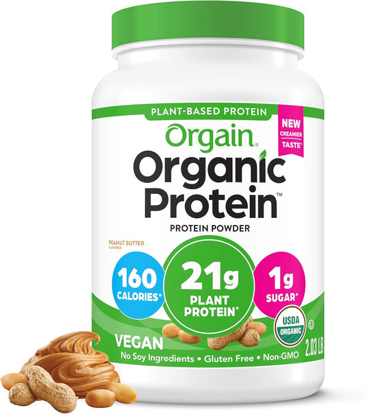 Organic Vegan Protein Powder, Peanut Butter - 21G Plant Based Protein, 7G Prebiotic Fiber, No Lactose Ingredients, No Added Sugar, Non-Gmo, for Shakes & Smoothies, 2.03 Lb (Packaging May Vary)