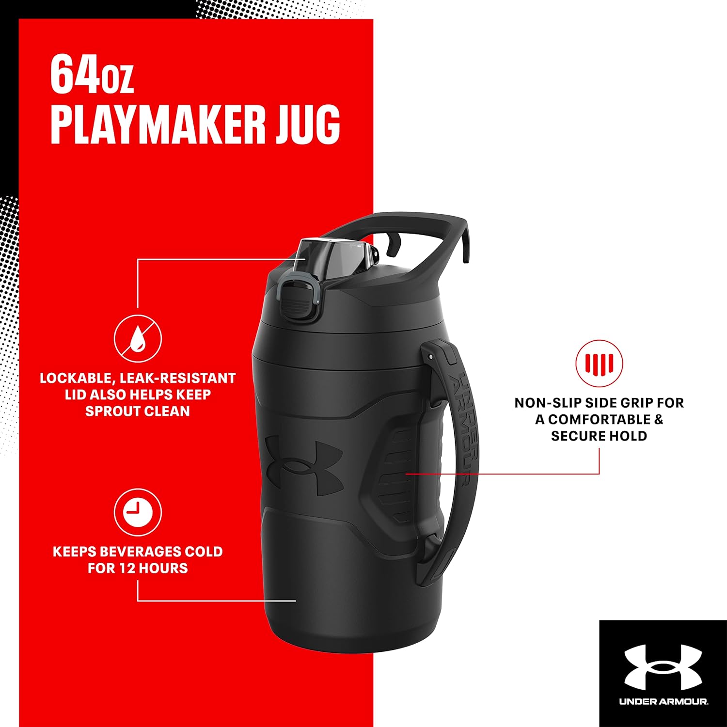 Sports Water Jug, 64Oz Insulated Water Bottle W/Handle, Half Gallon, Fence Hook, Leak Resistant, Baseball, Football & More