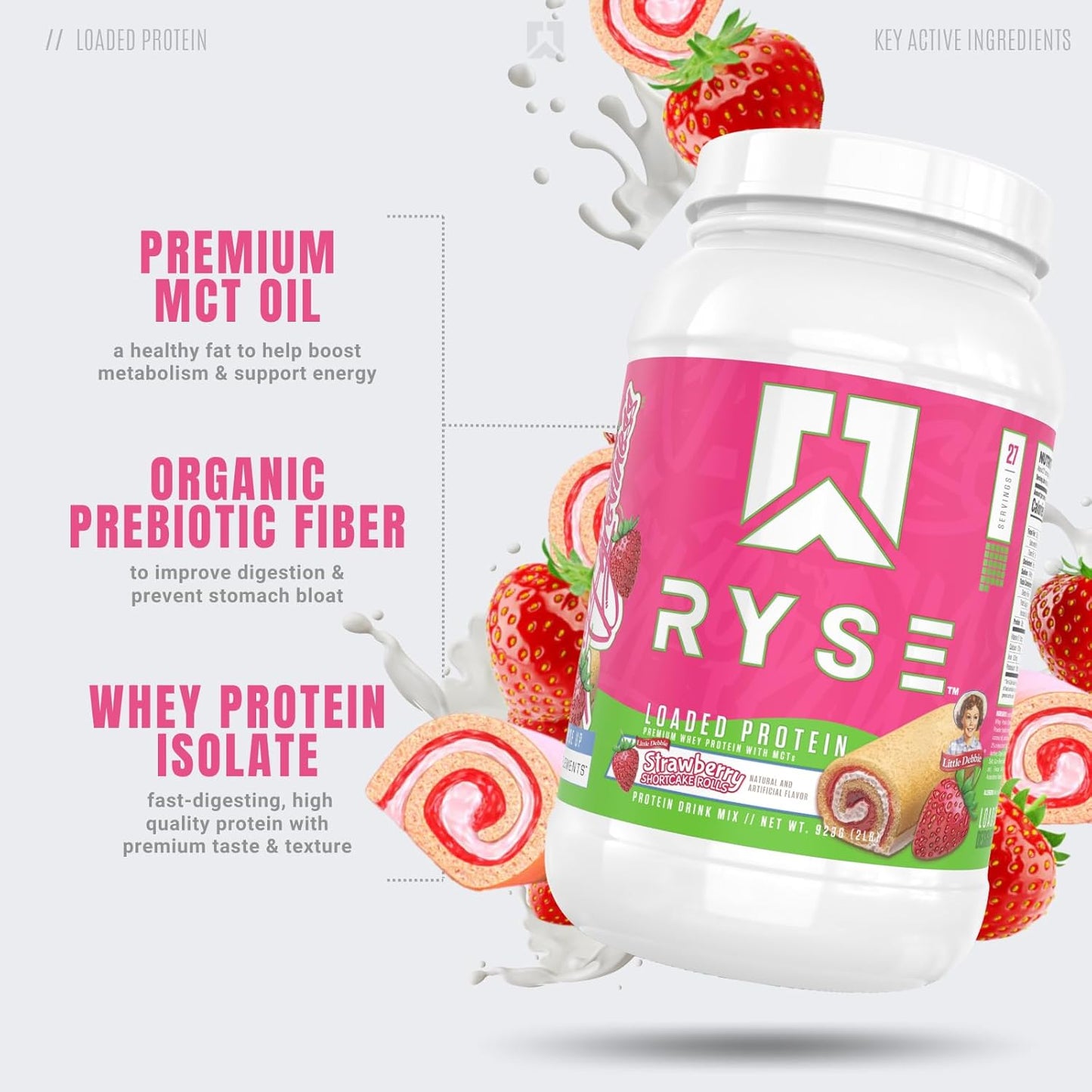 Ryse Loaded Protein Powder | 25G Whey Protein Isolate & Concentrate | with Prebiotic Fiber & Mcts | Low Carbs & Low Sugar | 27 Servings (Strawberry Shortcake Rolls)