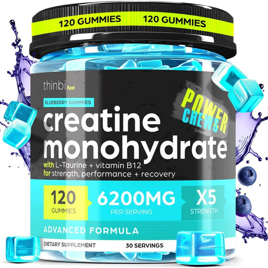 Creatine Monohydrate Gummies Complex 6200Mg for Men & Women - 120 Gummies Advanced Formula W/L-Taurine + Vitamin B12 for Muscle Strength, Muscle Builder, Energy Boost, Pre-Workout Supplement - Thinbi